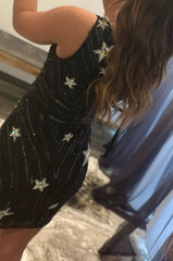 Sheath One Shoulder Black Sequins Short Homecoming Dress with Star