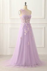 One Shoulder A-line Tulle Lavender Prom Dress with Appliques