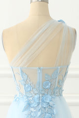 Sky Blue Tulle A-line One Shoulder Prom Dress with Appliques
