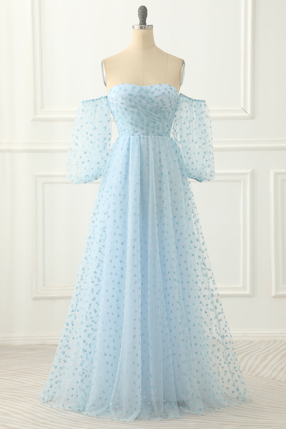 Sky Blue Tulle Off the Shoulder Long Prom Dress
