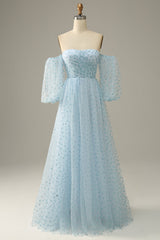 Sky Blue av skulderen Prom -kjolen