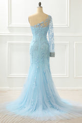 One Shoulder Sky Blue Mermaid Prom Dress With Appliques
