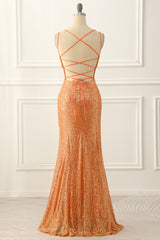 Orange Lace-up Back Sequins Prom Dress