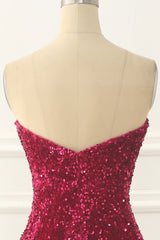 Hot Pink Sequin Mermaid Prom Dress with Split Front