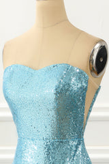 Strapless Blue Sequin Mermaid Prom Dress With Feathers