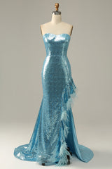 Sky Blue Sweetheart Sequined Mermaid Prom kjole med fjer
