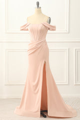 Blush Off the Shoulder Mermaid Prom Dress with Slit