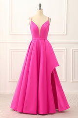 Hot Pink A-line Satin Prom Dress with Slit