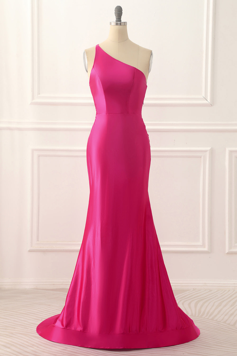 One Shoulder Hot Pink Satin Backless Long Prom Dress