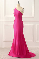 One Shoulder Hot Pink Satin Backless Long Prom Dress