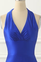 Royal Blue Halter Satin Prom Dress with Bow