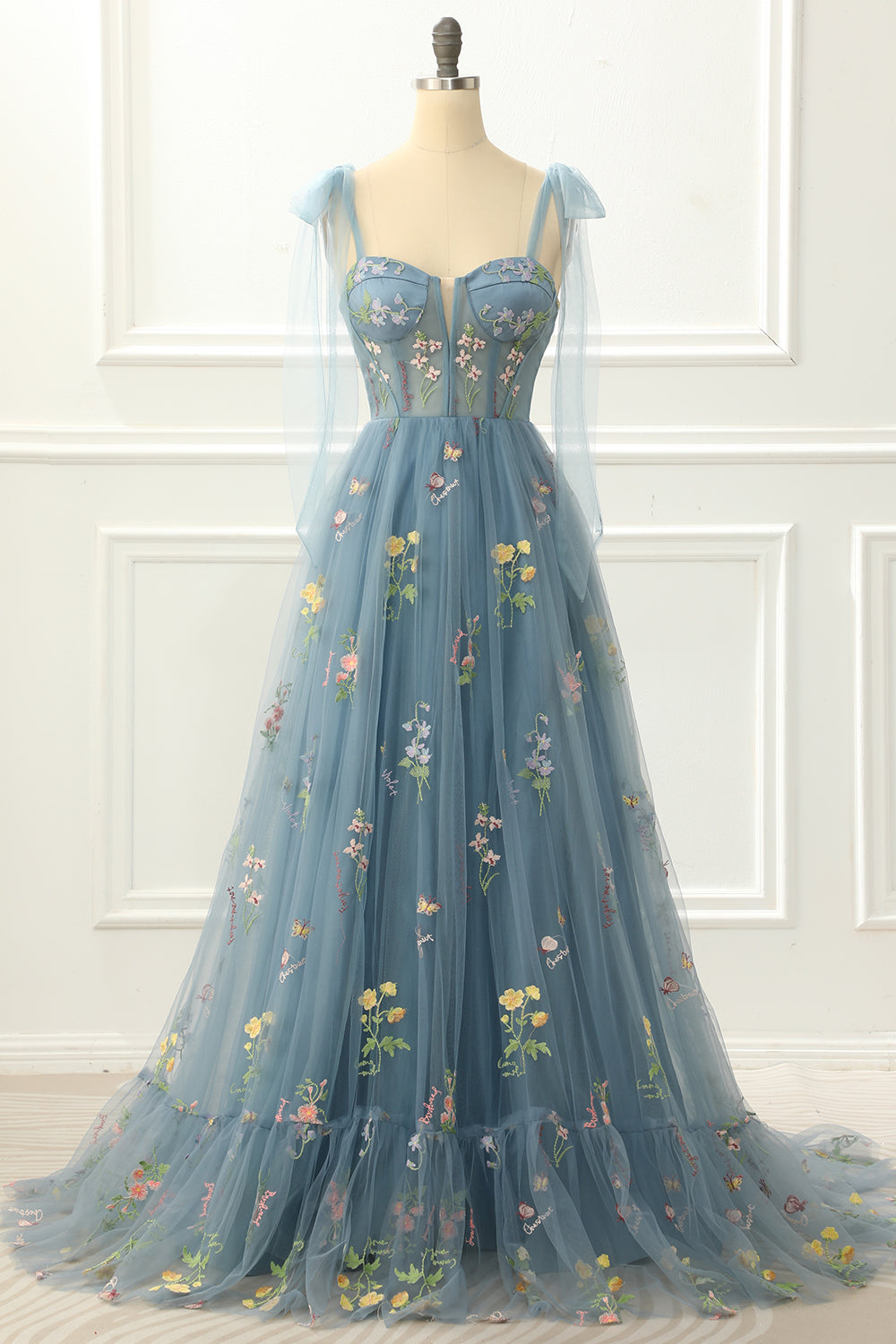 A-Line Grey Blue Princess Prom Dress With Embroidery