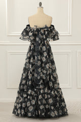 Black Print Off Shoulder A Line Prom Dress with Ruffles
