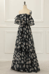 Black Print Off Shoulder A Line Prom Dress with Ruffles