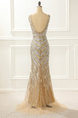 Golden Mermaid Sequin Prom Dress with Silt
