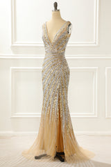 Golden Mermaid Sequin Prom Dress with Silt
