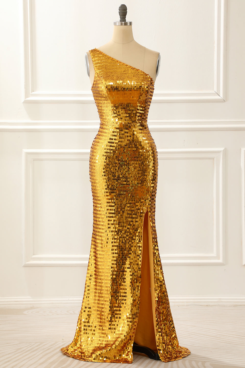 One Shoulder Gold Sparkly Prom Dress with Slit