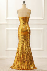 One Shoulder Gold Sparkly Prom Dress with Slit