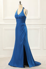 Royal Blue Halter Simple Prom Dress with Slit