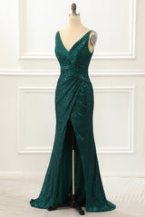 Dark Green Spaghetti Straps Saprkly Prom Dress With Slit