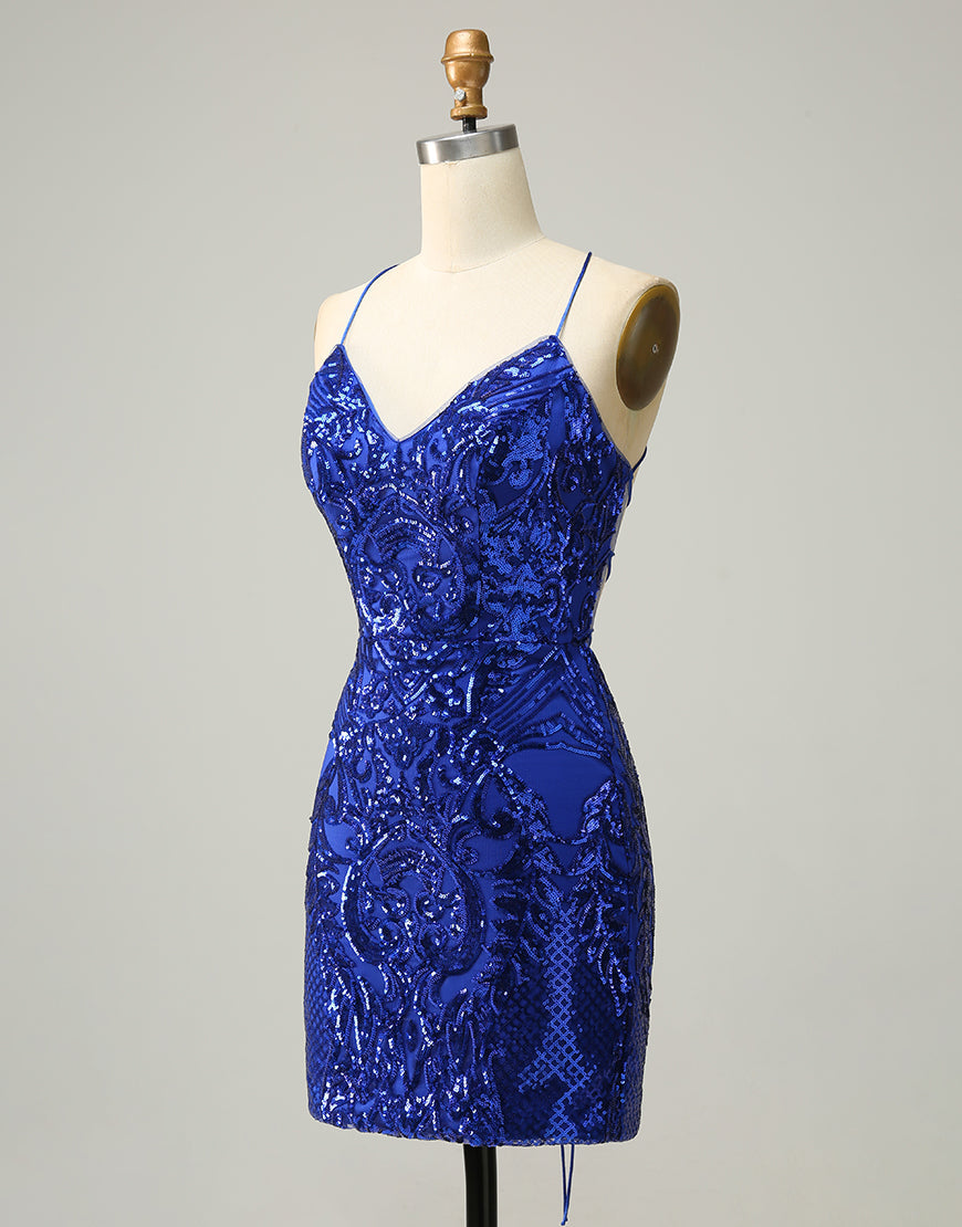 Royal Blue V-Neck Corset Back Homecoming Dress With Sequin