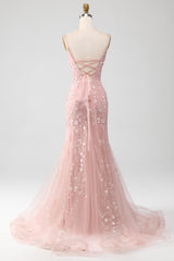Pink Dress, Mermiad Blush Spaghetti Straps Prom Dress with Appliques