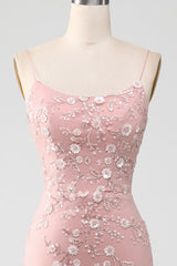 Prom Dresses White And Gold, Mermiad Blush Spaghetti Straps Prom Dress with Appliques