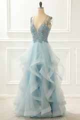 A Line Light Blue Beading Prom Dress with Appliques
