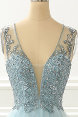 A Line Light Blue Beading Prom Dress with Appliques