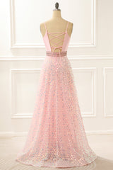 Spaghetti Straps A Line Pink Prom Dress with Beading