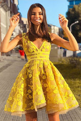 Yellow A Line V Neck Lace Cocktail Dresses, Short Evening Dresses, Yellow Lace Graduation Dresses, Lace Formal Dresses, Yellow Formal Dresses