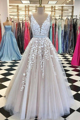 A Line Applique Tulle Prom Dress Outfits For Girls, Long V Neck Sleeveless Party Dress Outfits For Women with Beading
