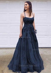 A Line Bateau Court Train Lace Prom Dress Outfits For Women With Appliqued