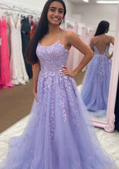 A Line Bateau Court Train Tulle Glitter Prom Dress Outfits For Women With Appliqued Beading