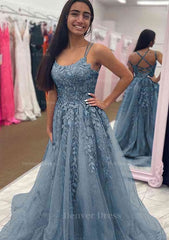 A Line Bateau Court Train Tulle Glitter Prom Dress Outfits For Women With Appliqued Beading