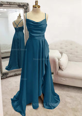 A Line Bateau Spaghetti Straps Long Floor Length Satin Prom Dress Outfits For Women With Pleated Split