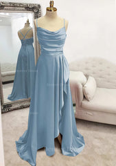 A Line Bateau Spaghetti Straps Long Floor Length Satin Prom Dress Outfits For Women With Pleated Split