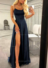 A Line Bateau Spaghetti Straps Sweep Train Charmeuse Prom Dress Outfits For Women With Split