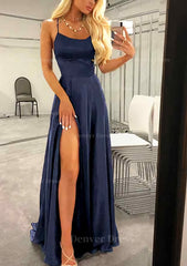 A Line Bateau Spaghetti Straps Sweep Train Charmeuse Prom Dress Outfits For Women With Split