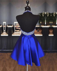 A-line Beaded Halter Satin Prom Dresses For Black girls Short Open Back Homecoming Dresses