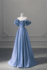 A-line Blue Satin Off Shoulder Long Evening Dress Outfits For Girls, Long Formal Dress Outfits For Women Party Dress