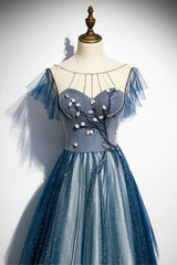 A-line Blue Tulle Long Beaded Prom Dress Outfits For Girls, A-Line Formal Evening Dress