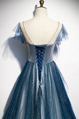 A-line Blue Tulle Long Beaded Prom Dress Outfits For Girls, A-Line Formal Evening Dress