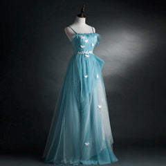 A-line Blue Tulle Straps Long Formal Dress Outfits For Girls, Blue Long Evening Dress Outfits For Women Prom Dress