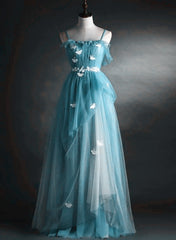 A-line Blue Tulle Straps Long Formal Dress Outfits For Girls, Blue Long Evening Dress Outfits For Women Prom Dress