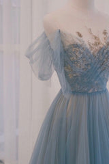 A-line Blue with Lace Applique Party Dress Outfits For Girls, Long Blue Formal Dress Outfits For Women Prom Dress