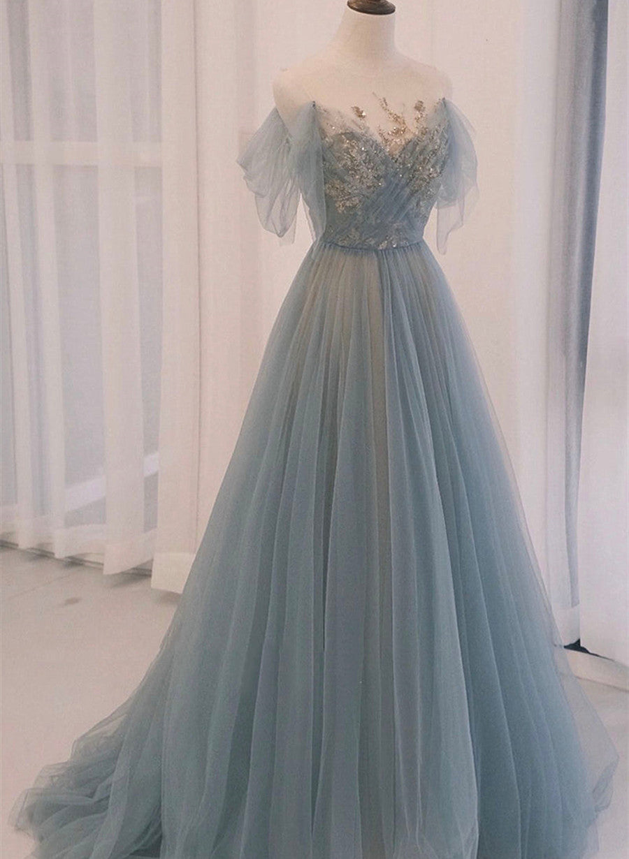 A-line Blue with Lace Applique Party Dress Outfits For Girls, Long Blue Formal Dress Outfits For Women Prom Dress