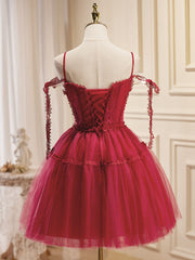 A-Line Burgundy Lace Short Prom Dress Outfits For Girls, Burgundy Puffy Homecoming Dresses