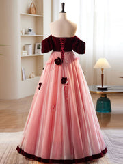 A-Line Burgundy/Pink Tulle Velvet Long Prom Dress Outfits For Girls, Burgundy Formal Dress