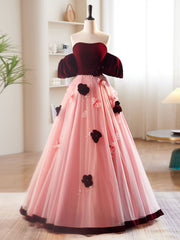 A-Line Burgundy/Pink Tulle Velvet Long Prom Dress Outfits For Girls, Burgundy Formal Dress